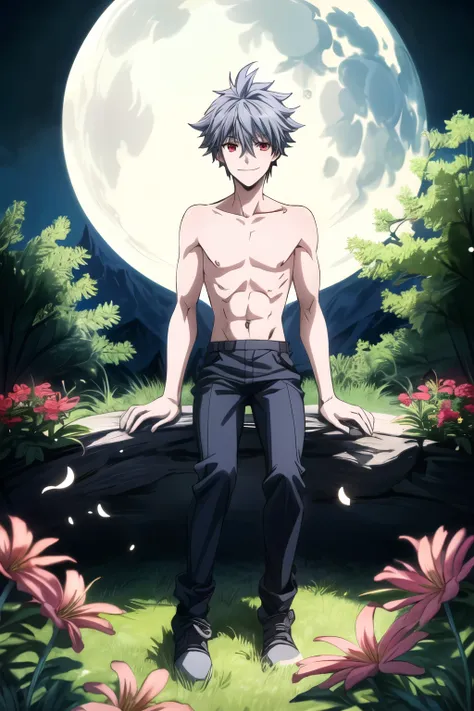 masterpiece, best quality, absurdres, highres, highly detailed, anime style, 1boy, topless, Nice looking eight abs, perfect body, black pants, solo, male focus, red eyes, grey hair, smile, sitting, outdoor, wilderness, tree, flowers, night, moon, full body...