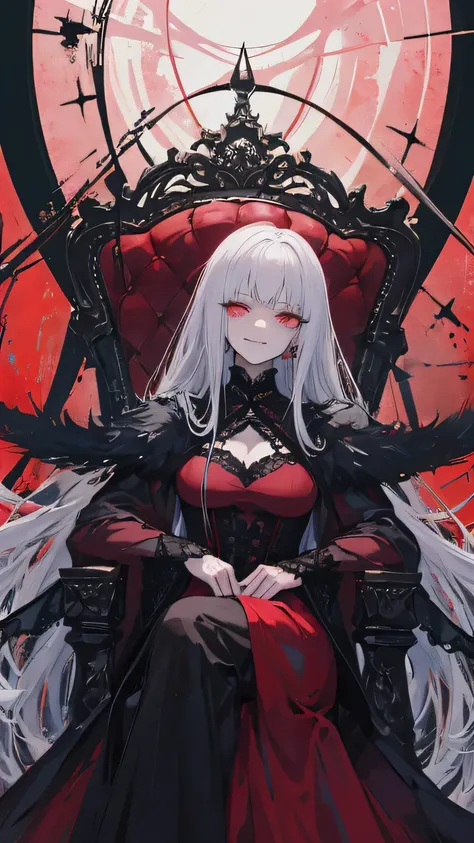 A seductive anime villainess in a gothic spider-themed dress, sitting on a throne made of silver web strands. Her smile is sweet, but her gaze is venomous. She controls glowing silk threads that float in the air. gothic ta aesthetic, glowing red eyes, eth...