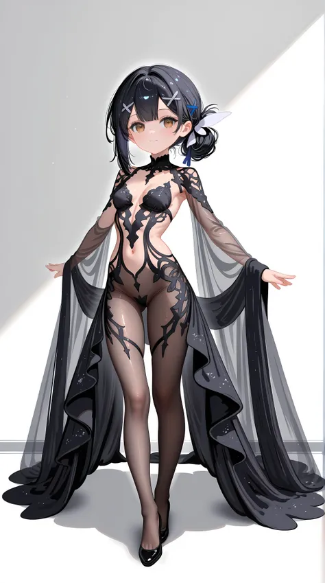 wide shot,full body,1girl,Miyu Edelfelt,,toddler,petite,cute face,light smile,solo,brown eyes,black hair,x hair ornament,small breasts,spread arms,cleavage see-through,navel,bare back,slim,slim legs,chronopattern dress,full bodystocking,revealing-clothes,m...