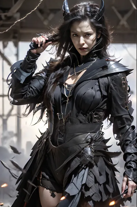 40 years old,One person girl,black devil costume,Chest rift,Fat,muscular,ugly,anger,long hair,Red Eyes,city,masterpiece,attractive mature woman