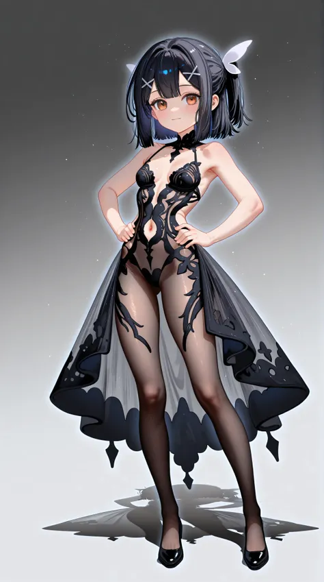 wide shot,full body,1girl,Miyu Edelfelt,,toddler,petite,cute face,light smile,solo,brown eyes,black hair,x hair ornament,small breasts,hands on hip,cleavage see-through,navel,bare back,slim,slim legs,chronopattern dress,full bodystocking,revealing-clothes,...