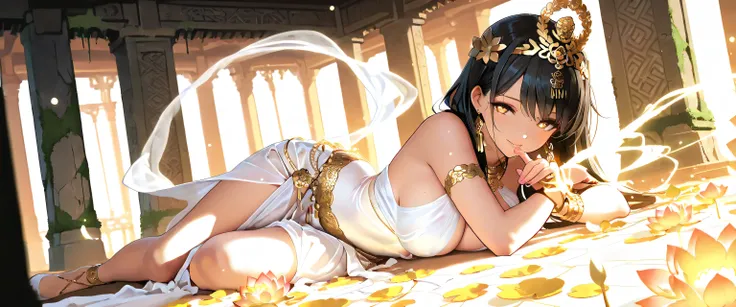 (masterpiece, best quality, ultra detailed, cinematic lighting, 4K, anime style),
a graceful Thai traditional female dancer performing in front of an ancient Cambodian sky gate temple,
she wears an ornate golden Thai traditional outfit (chut Thai), wit...