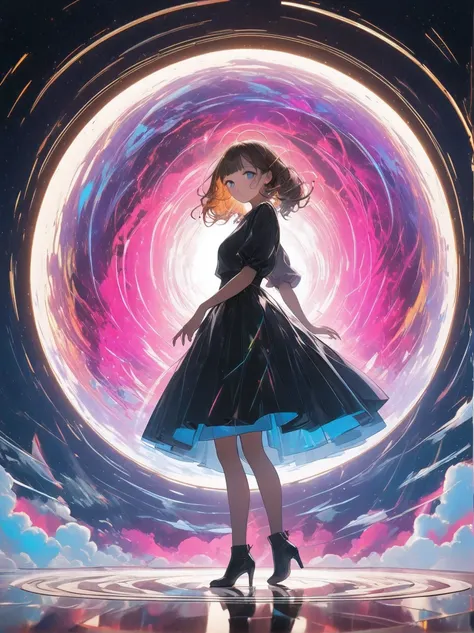 1 girl, brown hair, low twin tails, dynamic pose, highly creative, funky, visually striking, vibrant colors, nebula, dynamic composition, whimsical, stylish, elegant, eye-catching, masterpiece:1.2),(best quality,4k,8k,highres,photorealistic:1.37),(intricat...