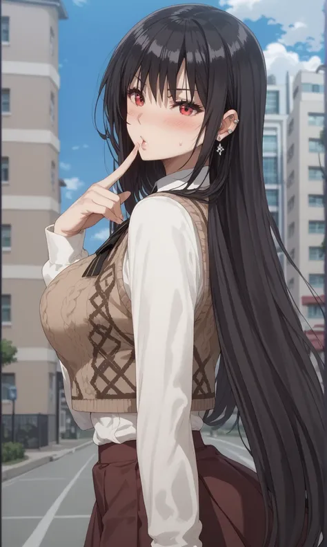 Source anime, Tall girl,score_9, score_8_up, score_7_up, score_6_up, uncensored, claire kagenou, long hair, black hair, red eyes, huge breast,thighs, 1girl, solo, long_hair, blush, skirt, sweater_vest, school_uniform, looking_at_viewer, brown_skirt, black_...
