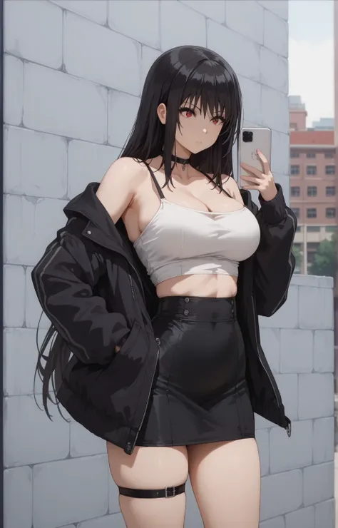 Source anime, Tall girl,score_9, score_8_up, score_7_up, score_6_up, uncensored, claire kagenou, long hair, black hair, red eyes, huge breast,thighs, 1girl, breasts, long_hair, skirt, solo, black_hair, open eyes, jacket, large_breasts, thigh_strap, choker,...