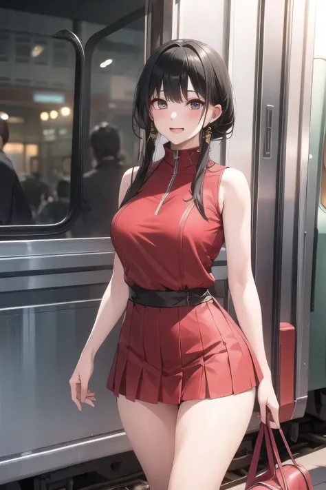 I need a face，Red Dress,Blue Micro Mini Skirt，，nice smiles，Can you draw a woman looking at a train，draw a woman waiting in front of the car in front of you，東京の地下鉄ホームでwaiting for the train女性は描けますか， ,congestion,waiting for the train，fun，Underground railway s...
