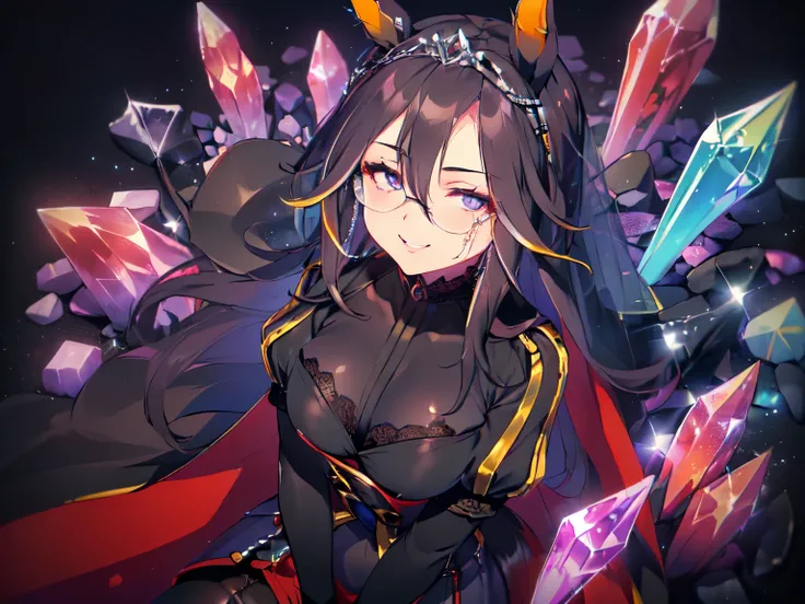 (Theme "Attractive Villain": 1.5), (Solo, Alone, Youthful, Girl, Horse Ears, Round Breasts, Black Hair, Very Long Hair, No Ears, Sitting with Arms Crossed, Looking Up with Evil Smile, Short Sleeves, Lace Villain Costume, Black Pantyhose, Tiara, Veil, Cape,...