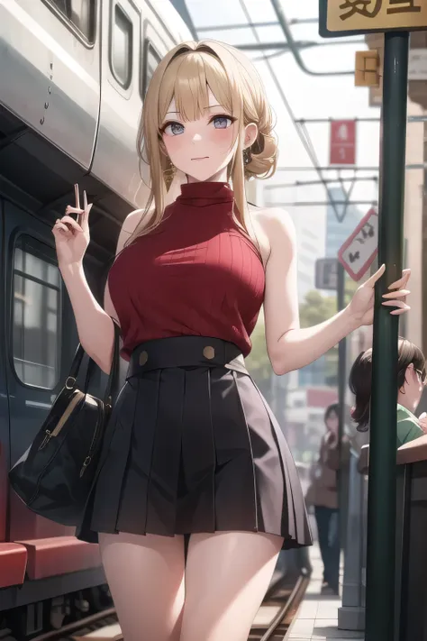 Long Black Hair,I need a face,Yellow hair band,Ears with decorative earrings,red dress, blue micro mini skirt,,nice smiles,Can you draw a woman looking at a train,Picture a woman waiting in front of the car in front of you,東京の地下鉄ホームでwaiting for the train女性...