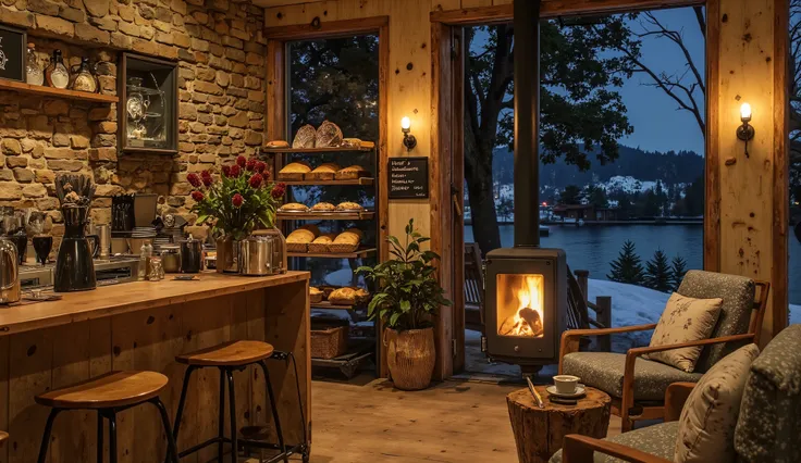 Cozy cabin with fireplace ,g sinhThe scene depicts a Cozy cabin with fireplacequán cà phê mộc mạc, overlooking a beautiful lake .
The interior has a wooden counter , on which a shiny metal coffee pot shines warm gold , symbolism of the art coffee fl...