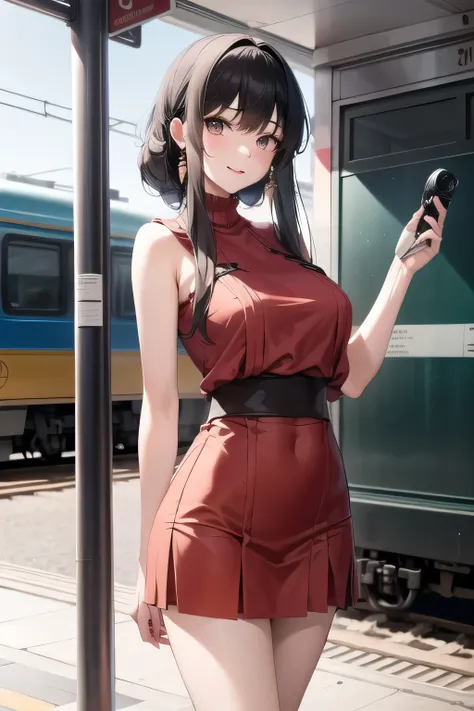 I need a face，red dress, blue micro mini skirt，，nice smiles，Can you draw a woman looking at a train，Picture a woman waiting in front of the car in front of you，東京の地下鉄ホームでwaiting for the train女性は描けますか， ,congestion,waiting for the train，fun，Underground railw...