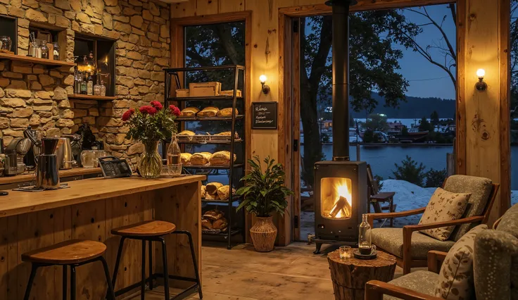 Cozy cabin with fireplace ,g sinhThe scene depicts a Cozy cabin with fireplacequán cà phê mộc mạc, overlooking a beautiful lake .
The interior has a wooden counter , on which a shiny metal coffee pot shines warm gold , symbolism of the art coffee fl...