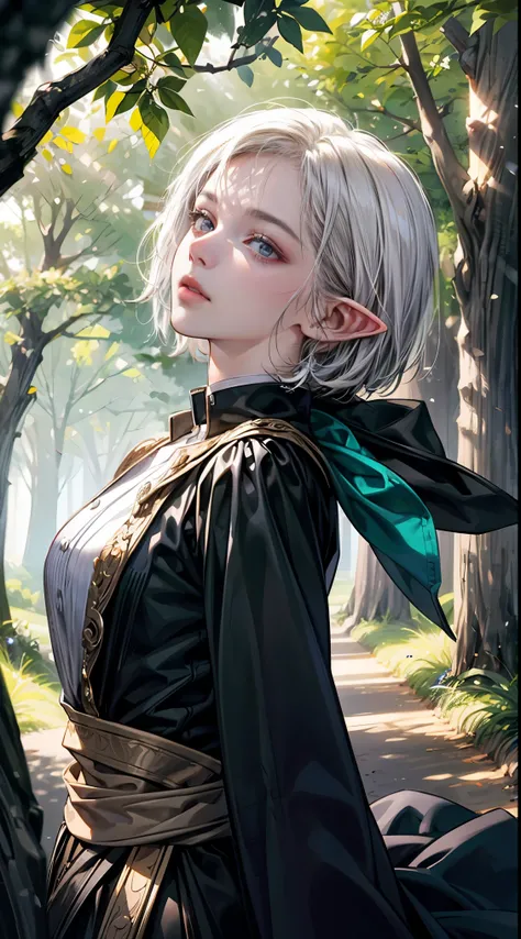 An image of a female elf exuding tranquility and elegance as she leans against a majestic tree in an enchanted woodland, by Yusuke Murata, Concept Art, Elf, Bob Cut, White Hair, Documentary Photography, Dramatic Lighting, GoPro HERO9 Black, Ground Level-vi...