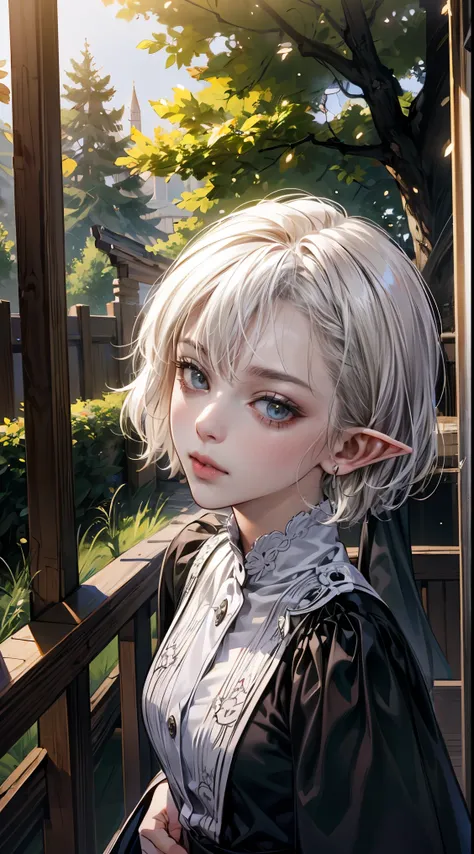 An image of a female elf exuding tranquility and elegance as she leans against a majestic tree in an enchanted woodland, by Yusuke Murata, Concept Art, Elf, Bob Cut, White Hair, Documentary Photography, Dramatic Lighting, GoPro HERO9 Black, Ground Level-vi...