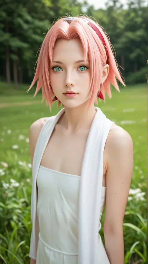 1girl, solo,haruno sakura,emerald eyes,pink hair,short hair,outdoors,potrait,forest,white towel,grass field,flat chest,river