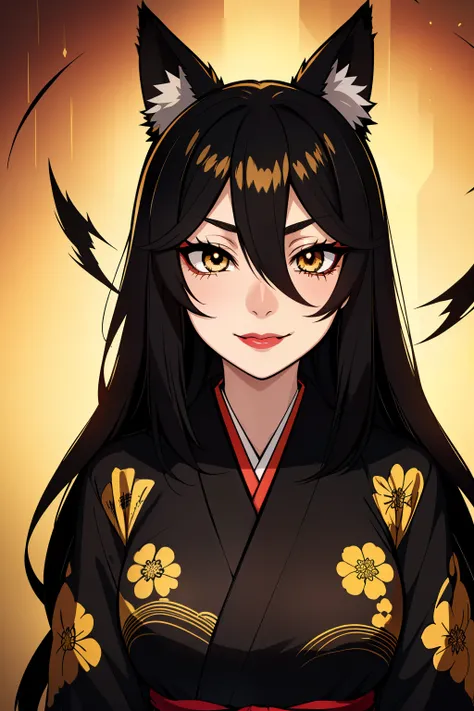 (high-quality, breathtaking),(expressive eyes, perfect face), symmetrical eyes, 1girl, female, solo, young, black hair , gold coloured eyes, gentle smile, long hair, loose hair, hair between eyes, japanese clothing, black kimono, colorful print, black fox ...