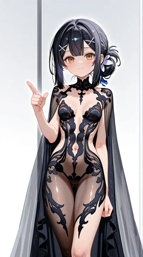 1girl,Miyu Edelfelt,,toddler,petite,cute face,light smile,solo,brown eyes,black hair,x hair ornament,small breasts,pointing, looking at viewer,cleavage see-through,navel,bare back,slim,slim legs,chronopattern dress,full bodystocking,revealing-clothes,maste...