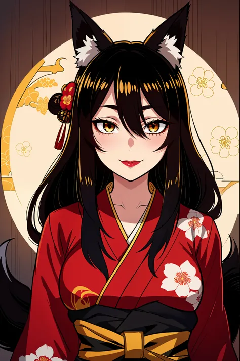 (high-quality, breathtaking),(expressive eyes, perfect face), symmetrical eyes, 1girl, female, solo, young, black hair , gold coloured eyes, gentle smile, long hair, loose hair, hair between eyes, japanese clothing, colorful kimono, floral print, intricate...