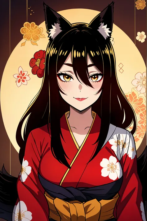 (high-quality, breathtaking),(expressive eyes, perfect face), symmetrical eyes, 1girl, female, solo, young, black hair , gold coloured eyes, gentle smile, long hair, loose hair, hair between eyes, japanese clothing, colorful kimono, floral print, intricate...