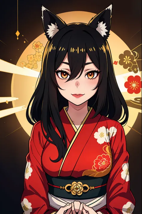 (high-quality, breathtaking),(expressive eyes, perfect face), symmetrical eyes, 1girl, female, solo, young, black hair , gold coloured eyes, gentle smile, long hair, loose hair, hair between eyes, japanese clothing, colorful kimono, floral print, intricate...
