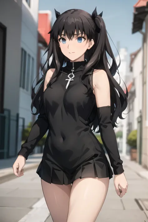 Please wear a black micro miniskirt， Red sleeveless sweater， black twin-tail hair,{{X}},can you draw a woman with a nice smile,Big Breasts，I'm drawing her expression more delicately，walking alone，        city tour        ,，（（（It's bouncing up and down）））， ...