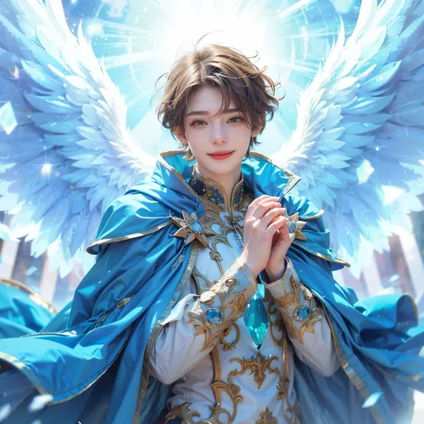 The angel of a young man with a lovely smile wears a sky blue cloak and peacock blue gothic embellished clothes in the world of crystal light