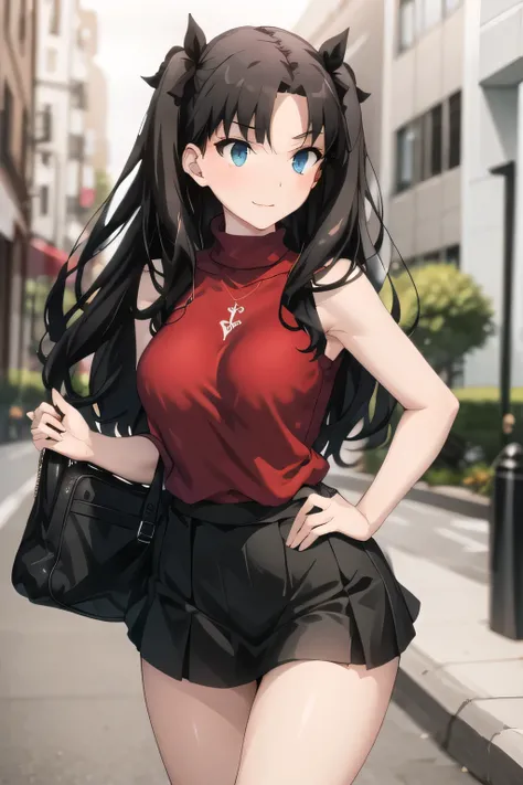 Please wear a black micro miniskirt， Red sleeveless sweater， black twin-tail hair,{{X}},can you draw a woman with a nice smile,Big Breasts，I'm drawing her expression more delicately，walking alone，        city tour        ,，（（（It's bouncing up and down）））， ...