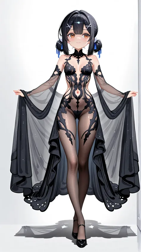 wide shot,full body,1girl,Miyu Edelfelt,,toddler,petite,cute face,light smile,solo,brown eyes,black hair,x hair ornament,small breasts,spread arms,cleavage see-through,navel,bare back,slim,slim legs,chronopattern dress,full bodystocking,revealing-clothes,w...
