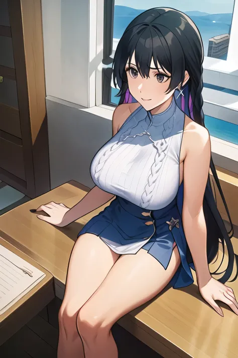 can you draw a woman with a nice smile facing me,resting on the lakeside of a lake,,resting on the lakeside。I draw her expression more delicately,Faces are very important,can you draw a sleeveless dark blue micro mini skirt,Big Breastsでもウエストが細い,{{X}},I dra...
