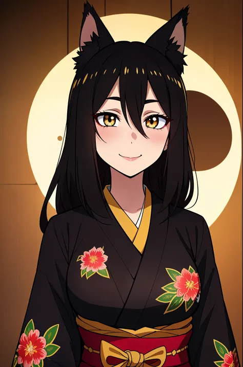 (high-quality, breathtaking),(expressive eyes, perfect face), symmetrical eyes, 1girl, female, solo, young, black hair , gold coloured eyes, long hair, loose hair, hair between eyes, japanese clothing, colorful kimono, floral print, black fox ears, misch...