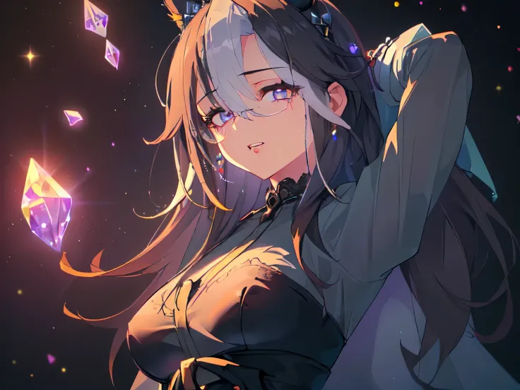 (Theme "Attractive Villain": 1.5), (Solo, Alone, Youthful, Girl, Horse Ears, Round Breasts, Black Hair, Very Long Hair, No Ears, Sitting with Arms Behind Head, Giddy, Looking Up with Demonic Fury, Long Sleeves, Lace Villain Costume, Black Pantyhose, Tiara,...