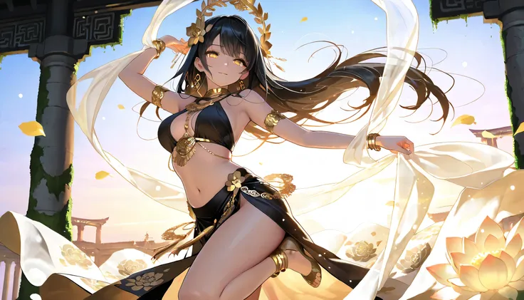 (masterpiece, best quality, ultra detailed, cinematic lighting, 4K, anime style),
a graceful Thai traditional female dancer performing in front of an ancient Cambodian sky gate temple,
she wears an ornate golden Thai traditional outfit (chut Thai), wit...