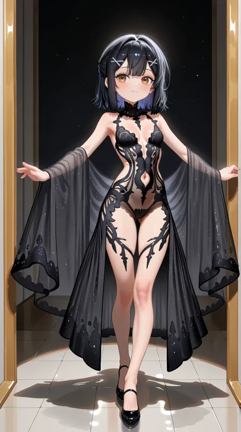 wide shot,full body,1girl,Miyu Edelfelt,,toddler,petite,cute face,light smile,solo,brown eyes,black hair,x hair ornament,small breasts,spread arms,cleavage see-through,navel,bare back,slim,slim legs,chronopattern dress,full bodystocking,revealing-clothes,w...