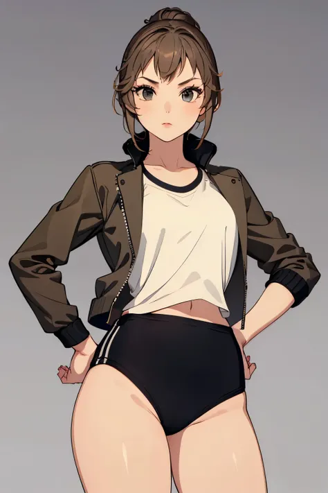 Warrior Girl, wearing a Black gymnastics bloomers, High leg、white blouse, cowboy shot、wearing a leather jacket and Black gymnastics bloomers, High leg,hands on hips,cowboy shot , 