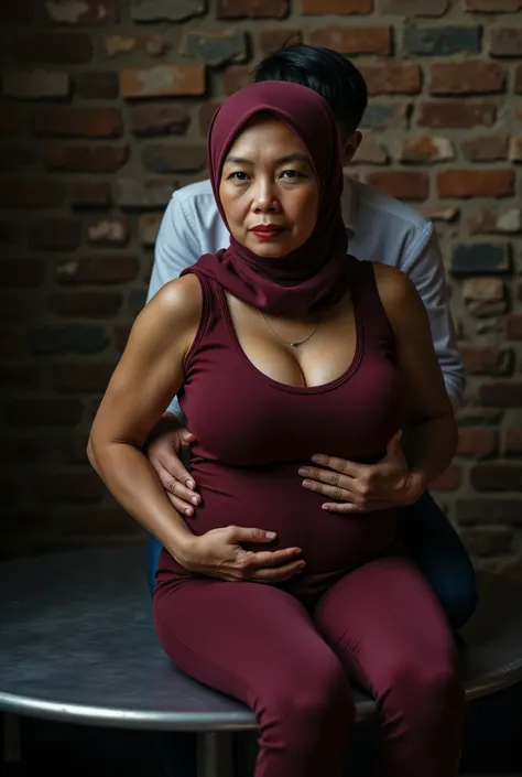 (The stitching is very neat), very old lady Wearing Hijab perfectly ,  wearing Scoop Neck Sleeveless maroon Bodysuits G-String Thongs sinlet swimsuit , (KEDUA BELAH TANGAN DILETAK LETAKKAN DIBELAKANG PUNGGUNG) PLEASE DON'T PUT ANYTHING ROPE!!!
   BBW HIJAB...