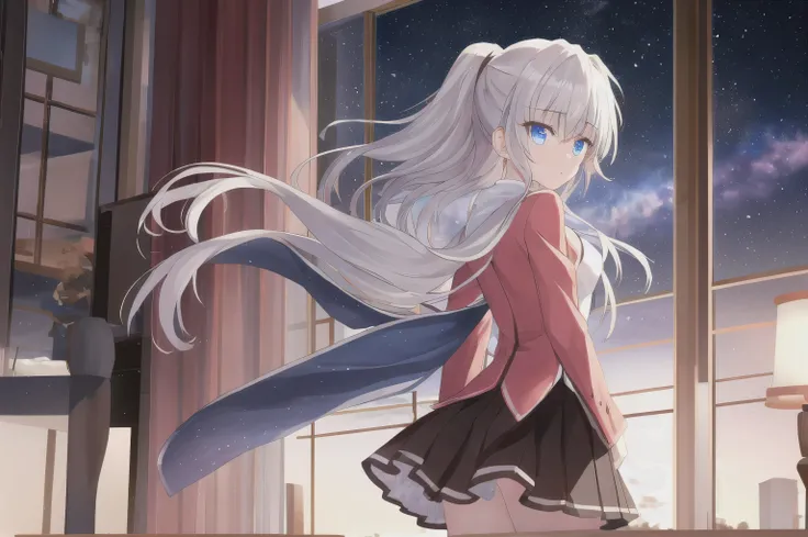 (best quality, masterpiece, high resolution),1 girl,alone,long hair, double ponytail, bangs,Cowboy Shooter, blurry,wind,lightweight particles,(super detailed), REAL LIGHTING , 4K, 8,000,white dress , skirt,White hair, long hair,night,Sky,Star,Stars,...