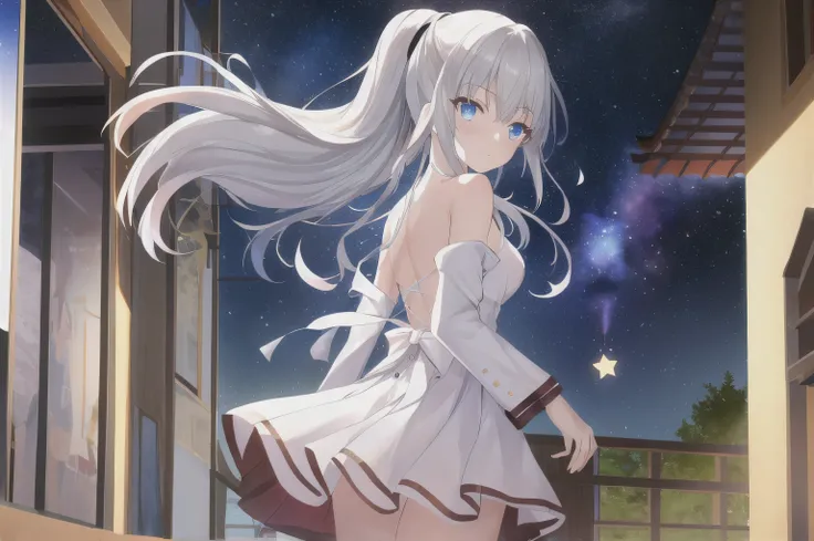 (best quality, masterpiece, high-resolution),1 girl,alone,long hair, double ponytail, bangs,Cowboy Shooter, blurry,wind,lightweight particles,(super detailed), REAL LIGHTING , 4K, 8,000,white dress , skirt,White hair, long hair,night,Sky,Star,Stars,...