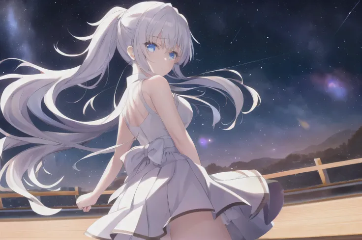(best quality, masterpiece, high resolution),1 girl,alone,long hair, double ponytail, bangs,Cowboy Shooter, blurry,wind,lightweight particles,(super detailed), REAL LIGHTING , 4K, 8,000,white dress , skirt,White hair, long hair,night,Sky,Star,Stars,...