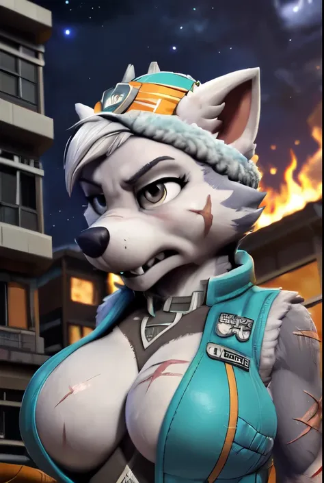 Gasket, ((Paw Patrol)), ((female solo)), domestic dog, female, adult female, (brown eyes:1.25), (gray fur:1.45), ((gray body)), (wearing aqua vest:1.85), (wearing winter aqua hat:1.25), (large breasts:1.25), (huge breasts:1.25), (hyper breasts:1.55), (hair...