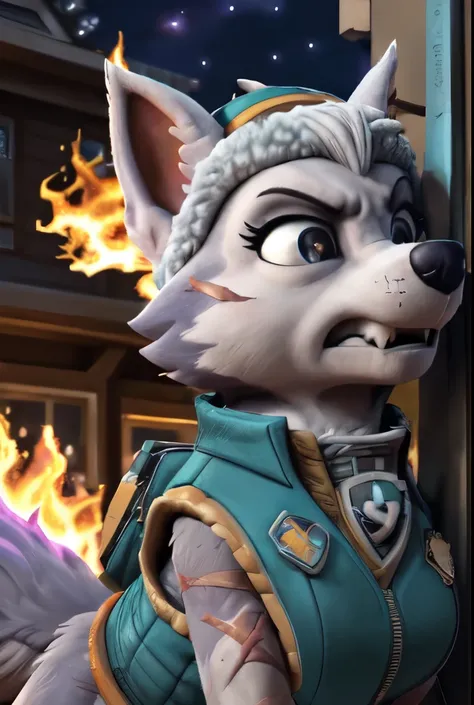 Gasket, ((Paw Patrol)), ((female solo)), domestic dog, female, adult female, (brown eyes:1.25), (gray fur:1.45), ((gray body)), (wearing aqua vest:1.85), (wearing winter aqua hat:1.25), (large breasts:1.25), (huge breasts:1.25), (hyper breasts:1.55), (hair...