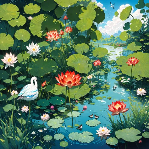 a painting of a pond with water lilies and a bird, lotus pond, waterlily pond, alpine pond with water lilies, pond with frogs and lilypads, verdant and lush and overgrown, pond scene, garden pond scene, a beautiful artwork illustration, floral environment,...