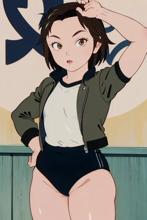 Warrior Girl, wearing a Black gymnastics bloomers, High leg、white blouse, cowboy shot、wearing a leather jacket and Black gymnastics bloomers, High leg,hands on hips,cowboy shot ,