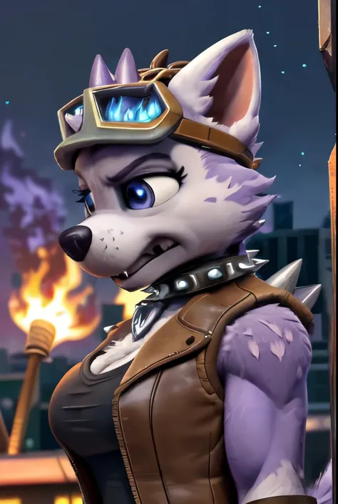 Everest, ((Paw Patrol)), ((female solo)), domestic dog, female, adult female, blue eyes, (lavender fur:1.65), ((lavender body)), ((sharp teeths)), ((large fangs)), blue eyes, (Shiny eyes:1.6), ((Pixar eyes)), perfect eyes, ((glowing eyes)), (hyper realisti...