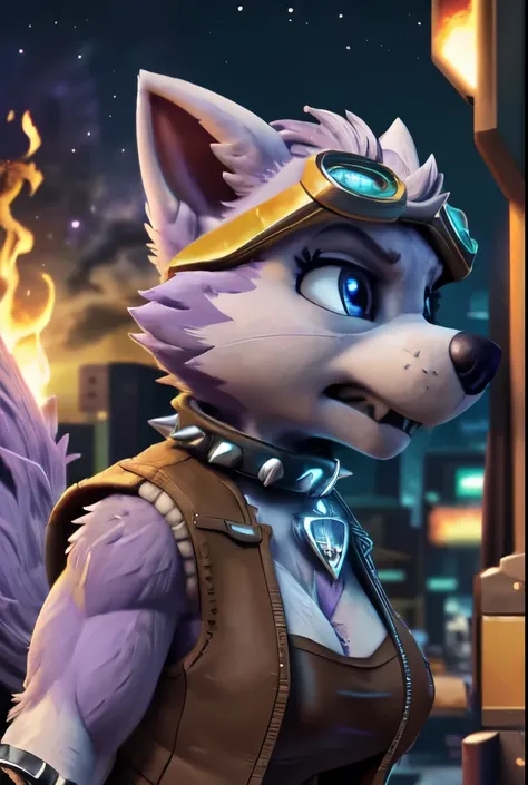 Everest, ((Paw Patrol)), ((female solo)), domestic dog, female, adult female, blue eyes, (lavender fur:1.65), ((lavender body)), ((sharp teeths)), ((large fangs)), blue eyes, (Shiny eyes:1.6), ((Pixar eyes)), perfect eyes, ((glowing eyes)), (hyper realisti...