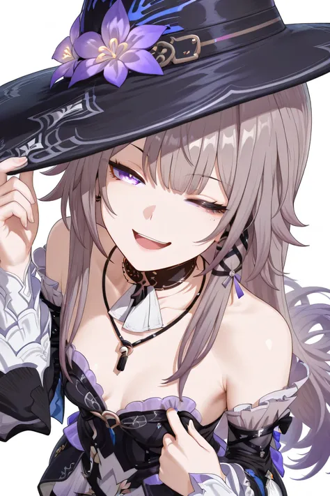 The Herta Honkai star rail, smug face, head tilt, open mouth, eye winking, view from above, one hand pulling clothes, another hand on hat, wearing hat