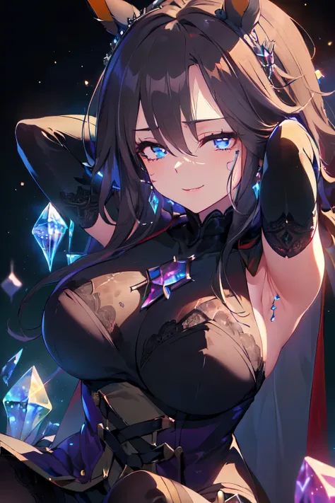 (Theme "Attractive Villain": 1.5), (Solo, Solo, Adult, Female, Horse Ears, Round Breasts, Black Hair, Very Long Hair, No Ears, Sitting with Arms Behind Head, Archaic Smile, Looking Down with Dreamy and Devilish Expression, Blue Lace Villain Costume, Black ...