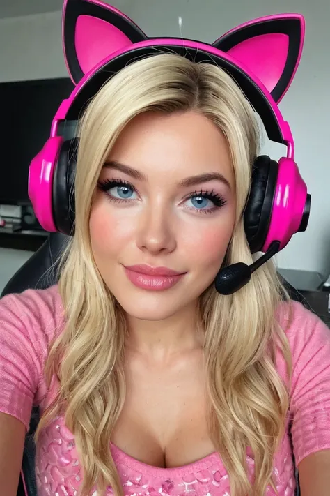sarah blonde 20 with gaming headset pink kitty