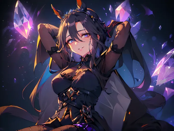 (Theme "Attractive Villain": 1.5), (Solo, Solo, Adult, Female, Horse Ears, Round Breasts, Black Hair, Mesh Hair, Very Long Hair, No Ears, Sitting with Arms Behind Head, Archaic Smile, Looking Down with Dreamy and Devilish Expression, Blue Short Sleeve Lace...