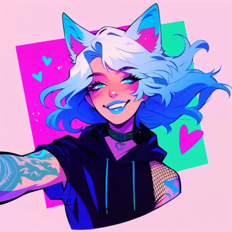 score_9, score_8_up, score_7_up, score_6_up, score_5_up, score_4_up, did vaporwave style, a male femboy with very long wavy white hair with blue highlights, has big fluffy wolf ears, has a wolf tail, wearing a thick brown collar with a heart hanging from i...