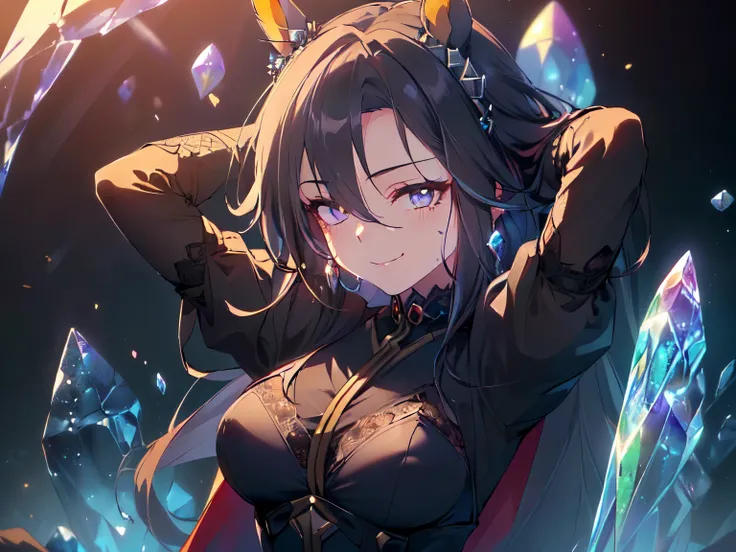 (Theme "Attractive Villain": 1.5), (Solo, Solo, Adult, Female, Horse Ears, Round Breasts, Black Hair, Mesh Hair, Very Long Hair, No Ears, Sitting with Arms Behind Head, Archaic Smile, Looking Down with Dreamy and Devilish Expression, Blue Short Sleeve Lace...