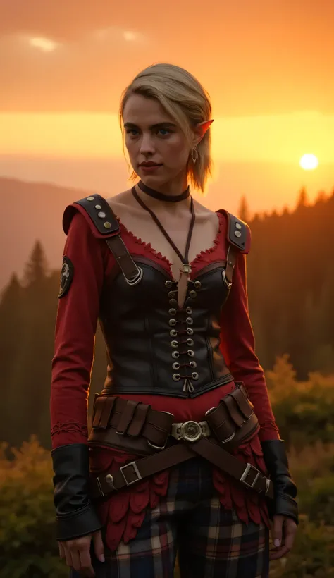 Margaret Qualley as Sera, Dragon Age, confident elf adventurer, standing, golden sunset landscape, pointed ears, short blonde hair in a sharp bob cut, rugged red-and-leather outfit, combining fantasy rogue and warrior aesthetics, form-fitting red tunic wit...